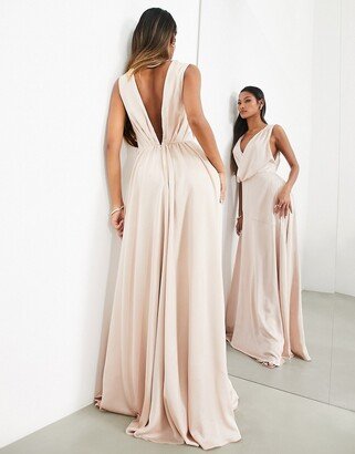 Bridesmaid satin maxi dress with wrap bodice in blush-AA