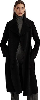 Belted Wool-Blend Wrap Coat (Black) Women's Vest