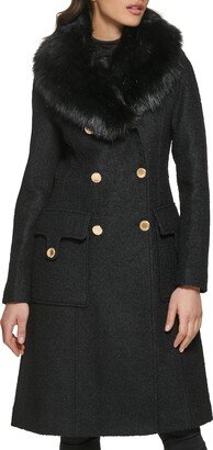 Removable Faux Fur Collar Wool Blend Double Breasted Walker Coat