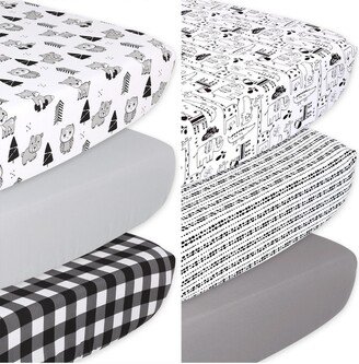 The Woodland Plaid and Safari Animal Fitted Crib Sheets, Unisex 6-Pack Set, Black, White