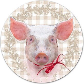 Pig With A Bow Sign, Checkered Metal Round Wreath Attachment, Center