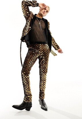 skinny suit pants in diamond sequin in black and gold