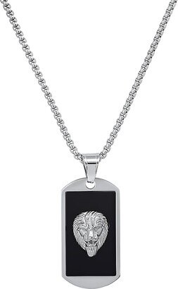 HMY JEWELRY Men's Stainless Steel Black Enamel Lion Dog Tag Pendant Necklace