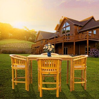 5 Piece Teak Wood Peanut Patio Bistro Bar Set with 4 Bar Chairs and 55 Bar Table