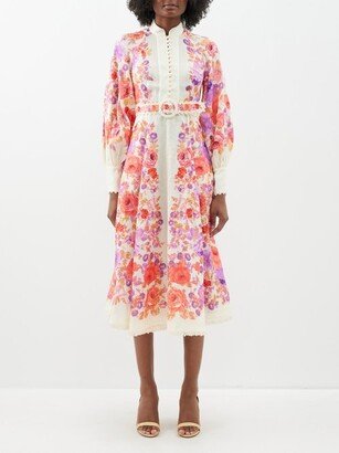 Raie Floral-print Belted Linen Midi Dress