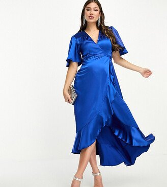 Flounce London Maternity wrap front satin midi dress with flutter sleeves in cobalt