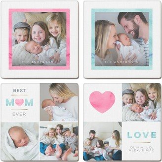 Coasters: Watercolor Mom Collage Set Ceramic Coasters, Set Of 4, White