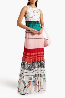 Tiered floral-design crochet-knit maxi dress