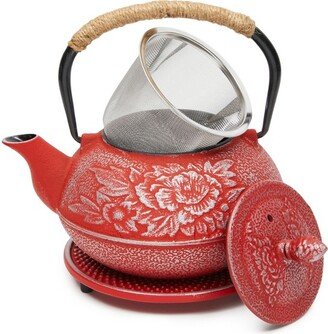 Juvale Cast Iron Teapot with Infuser - Japanese Tea Kettle, Loose Leaf Tetsubin with Trivet (Red, 3 Pcs, holds 27 oz, 800 ml)