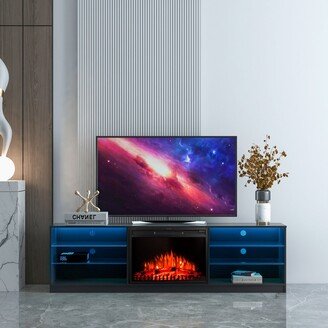 EDWINRAY 78W Textured Veneer Classic 4 Cubby Electric Fireplace Console RGB LED TV Stand with Both Side 2-Tier Glass Storage Shelves
