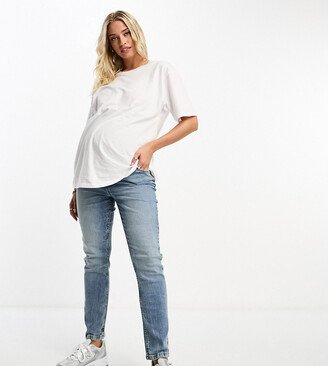 ASOS DESIGN Maternity slim mom jeans in mid blue-AA