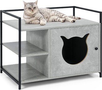 Cat Litter Box Enclosure Hidden Litter Furniture Cabinet W/ 2-Tier Storage Shelf Gray