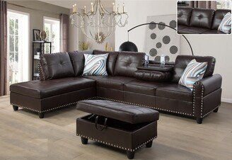 LifeStyle Furniture Sectional Sofa Set/w Drop Down Table,Left Facing,Brown Faux Leather