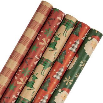 JAM Paper & Envelope 5ct Premium Kraft Christmas Gift Wrap Rolls