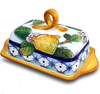 Italian Ceramic Butter Dish With Lid Lemon - Hand Painted Keeper Made in Italy Pottery Holder Covers-AA