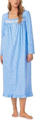 Long Sleeve Cotton Jersey Long Gown (Blue Viney Floral) Women's Pajama