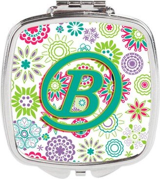 CJ2011-BSCM Letter B Flowers Pink Teal Green Initial Compact Mirror