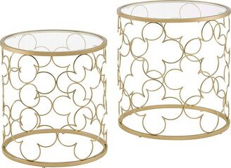 2 Piece Round Glass Nesting Table Set with Metal Base in Gold Finish