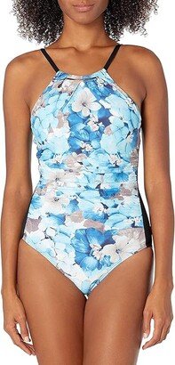 Women's Solid High Neck Pleated One Piece Swimsuit (Sky) Women's Swimsuits One Piece