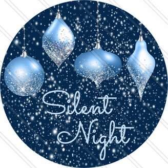 Silent Night Sign - Blue Christmas Wreath Ornaments Glitter Metal Round