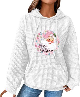 Generic PJZQXS Women Christmas Waffle Hoodie Funny Santa Merry Christmas Letter Graphic Sweatshirt Pocketed Solid Color Pullover Tops(White