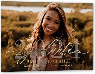 Graduation Announcements: Elegant Script Grad Graduation Announcement, White, Gold Foil, 5X7, Matte, Personalized Foil Cardstock, Square