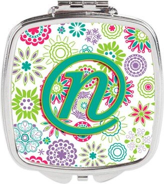 CJ2011-NSCM Letter N Flowers Pink Teal Green Initial Compact Mirror