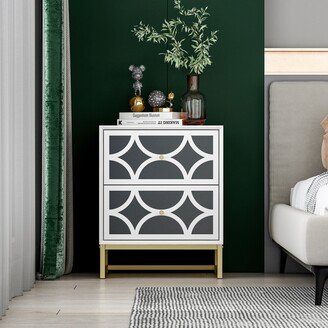 Calnod White Mirrored Nightstand with Gold Legs, 2-Drawer Small Bedside Table, Side Table with Storage for Bedroom, Living Room