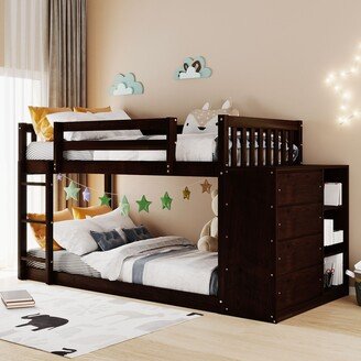 Sunmory Twin over Twin Bunk Bed Wood Frame Bed with 4 Storage Drawers and 3 Shelves, Full-Length Guardrail Top Bunk for Kids Teens