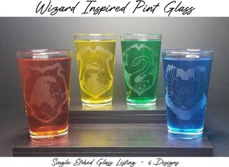 Wizard Inspired Etched Clear Pint Glass - 6 Designs Available Gifts For Book/Magic Lovers House Crest Symbol Wizarding World Drinkware