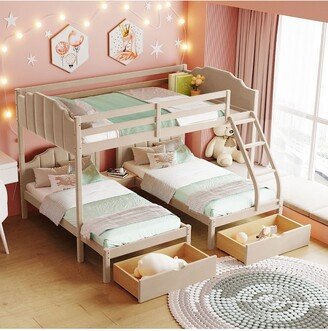 Full Over Twin & Twin Bunk Bed, Velvet Triple Bunk Bed with Drawers and Guardrails Beige