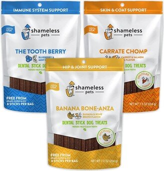 Shameless Pets Dog Dental Treats - Dental Sticks for Dogs, Made with Upcycled Ingredients & Zero Artificial Flavors, Tooth Berry(1), Carrate Chomp(1),