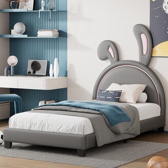 CTEX Twin Size Leather Upholstered Platform Bed with Rabbit-Shaped Headboard, Pine Wood Frame and Wood Slats