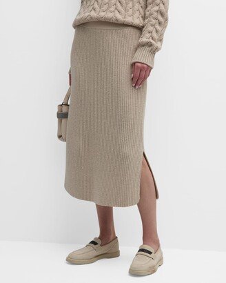 Diamante Rib Knit Cashmere-Silk Pull-On Midi Skirt