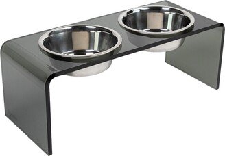 Hiddin Medium Smoke Grey Double Bowl Pet Feeder With Silver Bowls