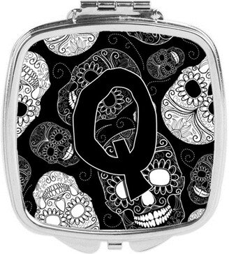 CJ2008-QSCM Letter Q Day of the Dead Skulls Black Compact Mirror