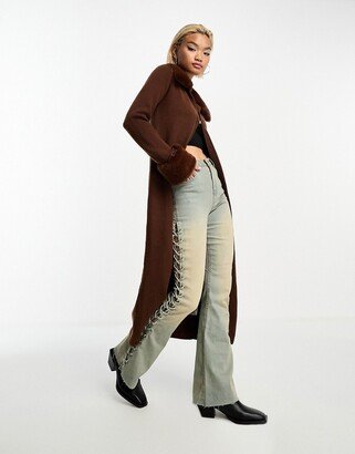 faux fur collar maxi cardigan in chocolate