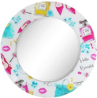 Beautiful Round Beveled Mirror On Free Floating Printed Tempered Art Glass