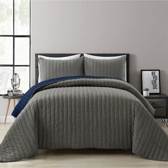 Soft Stripe All Season 3 Piece Quilt Set, Full/ Queen - Gray, Navy