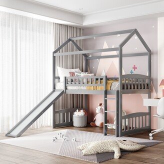 IGEMAN Twin Wood Loft Bed House Bed with Slide&Ladder&Guardrail&Roof, Large Underneath Play&Storage Area, Gray