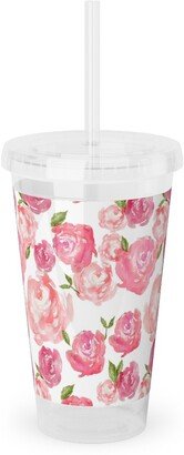 Travel Mugs: Watercolor Floral - Pink Acrylic Tumbler With Straw, 16Oz, Pink