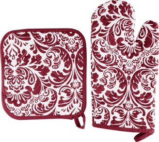 Oven Mitt And Pot Holder Set, Quilted And Flame And Heat Resistant By Hastings Home (Burgundy)