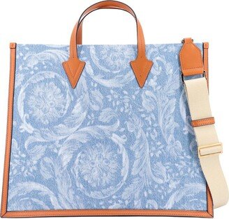 Allover-Printed Denim Top Handle Bag