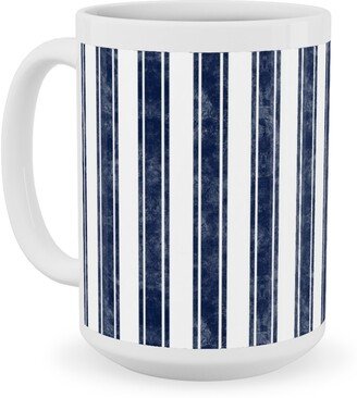 Mugs: Vertical French Ticking Textured Pinstripes In Dark Midnight Navy And White Ceramic Mug, White, 15Oz, Blue