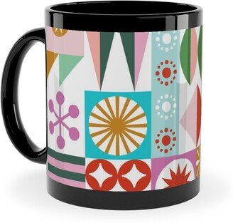 Mugs: Santa's Workshop Geometric Stars Snowflakes Grid Holiday Stripes - Multi Ceramic Mug, Black, 11Oz, Multicolor