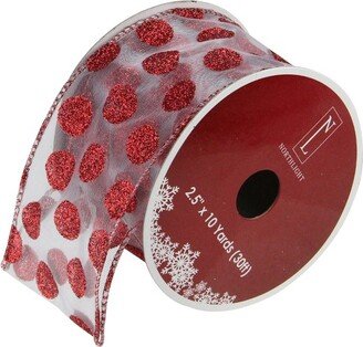 Northlight Pack of 12 Silver and Red Glittering Polka Dots Christmas Wired Craft Ribbons - 2.5