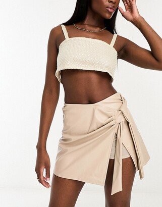 PU wrap front skort in stone