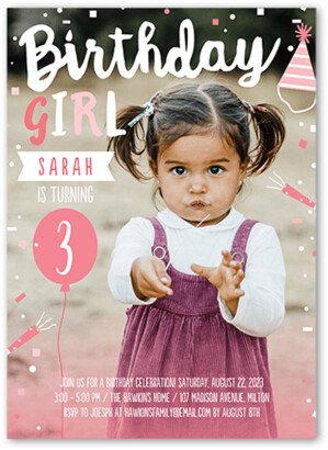Girl Birthday Invitations: Happy Confetti Girl Birthday Invitation, Pink, 5X7, Pearl Shimmer Cardstock, Square