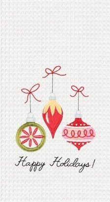 Happy Holidays Ornaments Embroidered & Waffle Weave Kitchen Towel
