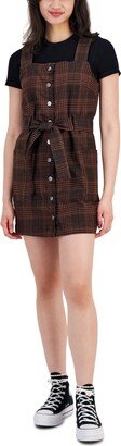 Juniors' Plaid Belted Overalls Dress